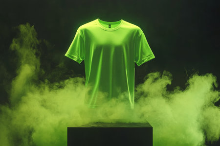 Green T-Shirt On Black Cube, Minimalistic Fashion Presentation With Green Smoke On Dark Backgroundの素材