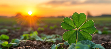 Lucky Four Leaf Clover at Sunset A Symbol of Hope and Good Fortune on St. Patricks Dayの素材