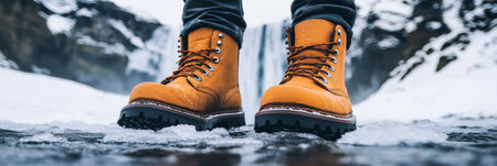 Close up of yellow waterproof hiking boots in the snow, winter mountain adventure concept.の素材