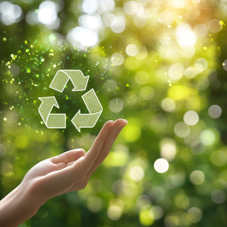 Hand Holding Glowing Recycle Symbol Over Green Forest Background, Environmental Protection Concept.の素材