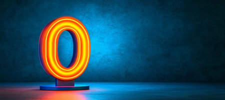 Large, Illuminated Orange Neon Number Zero On Empty Concrete Floor. 3D Rendering With Copy Space.の素材