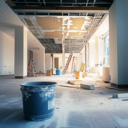 Empty Commercial Space Renovation With Construction Tools, Debris, and Natural Light.の素材