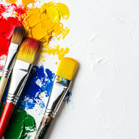 Paintbrushes on White Canvas with Colorful Acrylic Paint Strokes. Artistic Tool, Creative Expressionの素材
