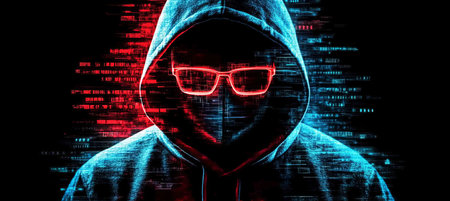 Cybersecurity Threat, Hacker in Hood with Binary Code, Digital Crime and Security Concept.の素材