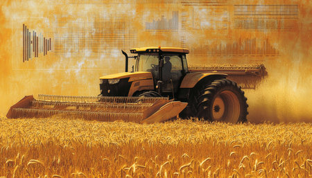 Modern Combine Harvester in Wheat Field, Agricultural Innovation, Efficiency, and Technology.の素材