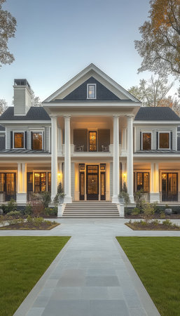 Luxurious New England Style Home Exterior with Covered Porch, Columns, and Lush Landscapingの素材