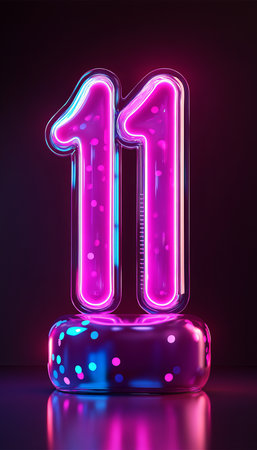 Number 11 Neon Sign, Purple and Blue Fluorescent Tube Light, Glowing Number Eleven On Podium.の素材
