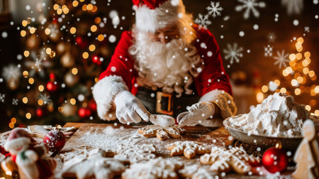 Santa Claus Prepares for Christmas, Baking Delicious Cookies amidst Festive Decorations.の素材