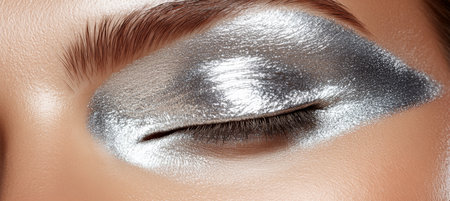 Close-Up Of A Womans Eye With Dramatic Silver Metallic Eyeshadow, Beauty And Fashion Conceptの素材
