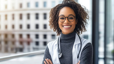 Confident African American Female Doctor Smiling with Arms Crossed, Healthcare Professionalの素材