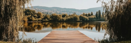 Tranquil Lake Scene with Wooden Pier and Mountain View, Perfect for Relaxation and Enjoying Natureの素材