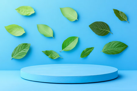 Blue Minimalistic Podium, Green Flying Leaves, Blue Background. Product, Cosmetic Presentation Stageの素材