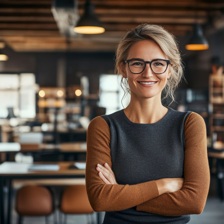 Portrait of a Confident Businesswoman with Arms Crossed, Smiling in a Modern Office Setting.の素材