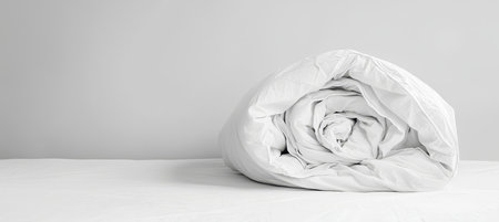 White soft duvet, quilt, blanket rolled up on white bed linen, bedding sheet in bedroom, copy spaceの素材