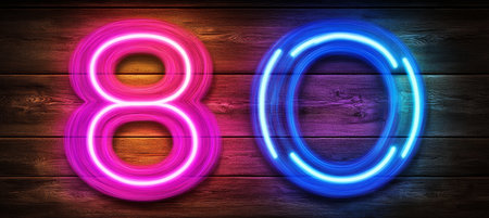 Neon Light Number Eighty 80 With Pink And Blue Glowing Effect On A Rustic Wood Plank Backgroundの素材