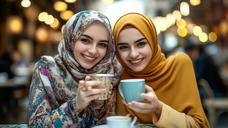 Two Beautiful Muslim Women in Hijab Smiling and Enjoying Coffee Break Together in Cafeの素材