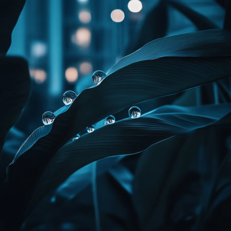 Dewdrops on Lush, Vibrant Green Tropical Plant Leaves, Abstract Nature Photography Backgroundの素材