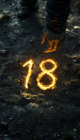 Burning Number Eighteen, Flame, Glowing Numerals on Ground, Mysterious Mark, Forest Floorの素材
