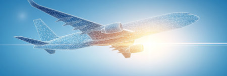 Abstract Wireframe Airplane Flying in Blue Sky, Transportation and Innovation Concept.の素材
