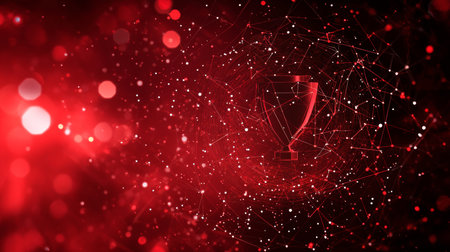Abstract Red Bokeh Background with Interconnected Lines and Glowing Trophy, Achievement Concept.の素材