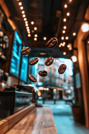 Roasted Coffee Beans Floating in Mid-Air, Cafe Interior with Bokeh Background in Warm Tonesの素材
