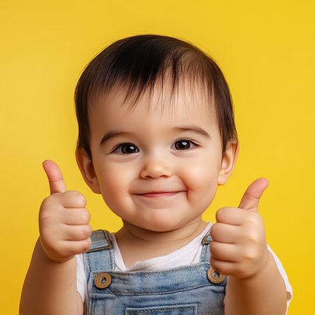 Cheerful Toddler Giving Two Thumbs Up, Isolated on Vivid Yellow Background, Happy Baby Portrait.の素材