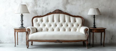 Elegant white leather sofa with tufted cushions in vintage room with matching end tables and lamps.の素材