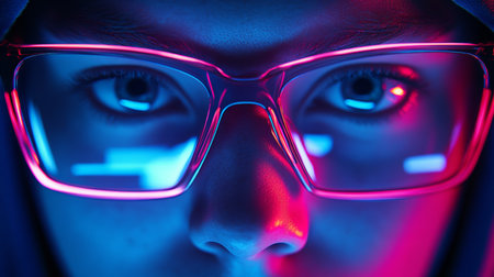 Close-up Portrait of a Young Woman with Neon Lights Reflection in Glasses. Cyberpunk Style.の素材