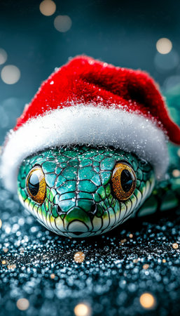 On a Christmas background we have an adorable snake wearing a Santa red hat. The snake is a symbol of the year 2025 in the Chinese calendar.の素材