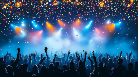Night Party, Concert Crowd Silhouette With Confetti, Stage Lights. Blue Background Celebrationの素材
