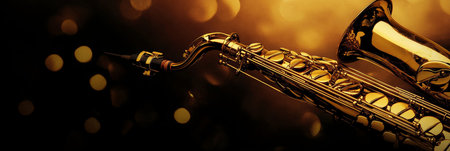 Golden Saxophone Gleaming Under Stage Lights, Jazz Club Vibe, Live Music Entertainment Conceptの素材