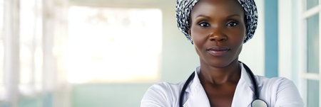 Confident Black Female Doctor in Hospital Setting with Traditional Headscarf and Stethoscopeの素材