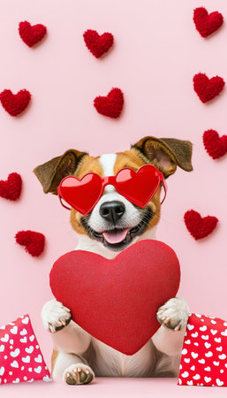 Cute Puppy With Heart-Shaped Valentines Day Glasses And Festive Dcor On Pink Backgroundの素材