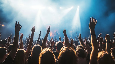 Cheering Crowd with Hands in Air at Live Music Concert, Festive Atmosphere Under Stage Lightsの素材