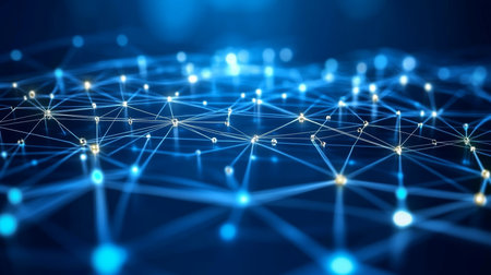 Abstract Network of Connections and Data Points on a Dark Blue Background, Technology Concept.の素材