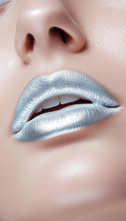 Metallic Silver Lips. Close-Up of a Womans Mouth with Fashionable Makeup, Beauty and Style.の素材