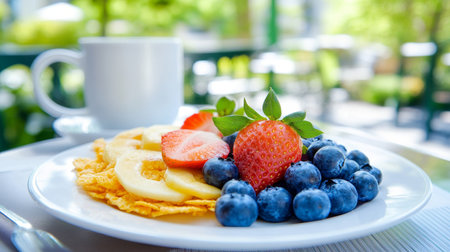Healthy Breakfast with Corn Flakes, Sliced Banana, Fresh Strawberries and Blueberries on a Plateの素材