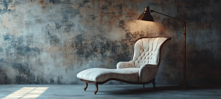 Vintage Chaise Lounge With Lamp Against Textured Wall, Interior Design And Furniture Concept.の素材