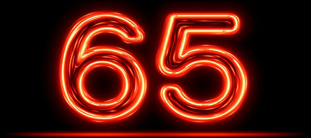 Red Neon Light Number 65 On Black Background With Reflections On The Floor, Isolated Objectの素材