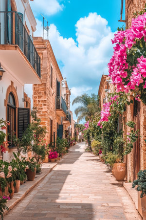 Charming Mediterranean Street Narrow Alley with Stone Houses, Lush Plants, and Pink Flowersの素材