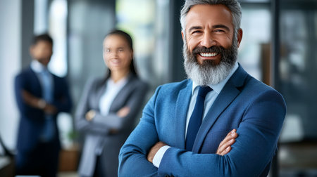 Confident Mature Businessman Smiling in Office, Leadership, Teamwork, Success Conceptの素材