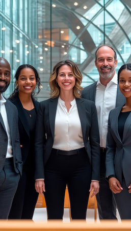 Diverse Business Team Corporate Professionals Smiling Together, Celebrating Teamwork Successの素材