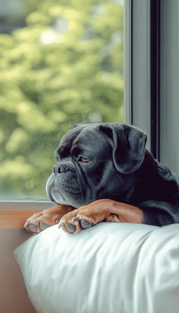 Serene Black Dog Rests by Window, Gazing Out at Lush Green Garden with Thoughtful Expression.の素材