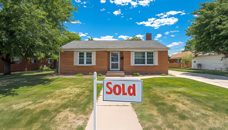 Suburban Home with a Sold Sign on the Front Lawn, Signifying a Real Estate Transaction.の素材