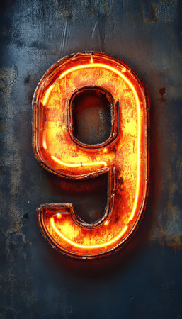 Number Nine, Neon Sign on Rusty Metal Background. Glowing Orange Numeral, Concept for Design.の素材