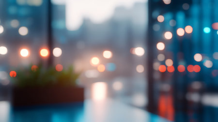 Blurred Cityscape View From Modern Office Interior, Abstract Urban Background With Bokeh Lights.の素材