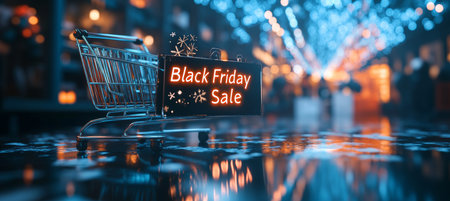 Shopping cart with Black Friday Sale sign and festive lights reflections on wet city street at nightの素材