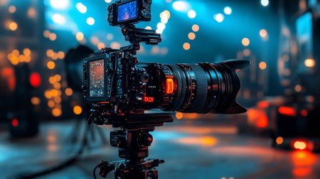 Professional Digital Cinema Camera on Tripod Recording Live Event with Blurred Colorful Backgroundの素材