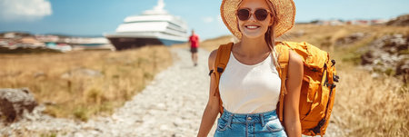 Smiling Tourist Woman with Backpack Walks Towards Cruise Ship, Embracing Travel and Vacationの素材
