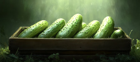 Freshly Picked Cucumbers in a Rustic Wooden Crate, Garden Harvest of Organic Vegetablesの素材
